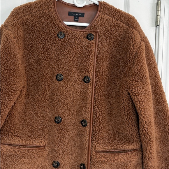 Ann Taylor Fun Faux Sherpa with Faux Leather Wool Blend Double-Breasted Coat - Picture 3 of 9